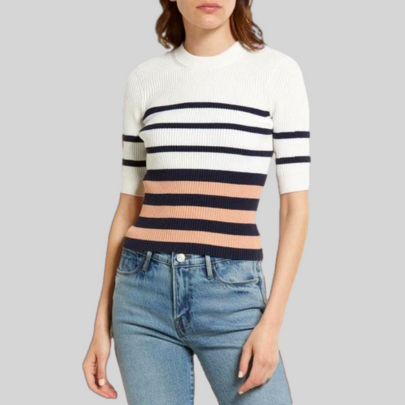 Frame Denim Sweaters - New Frame Ribbed Short Sleeve Striped Sweater Top in Pink Clay Multi Size XL